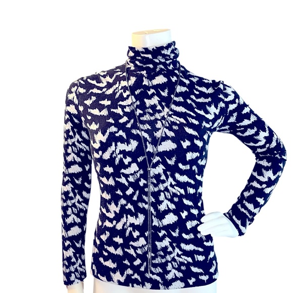 Boss Tops - Boss Navy White Patterned Printed Knit Long Sleeved Stretch Turtleneck Corpcore